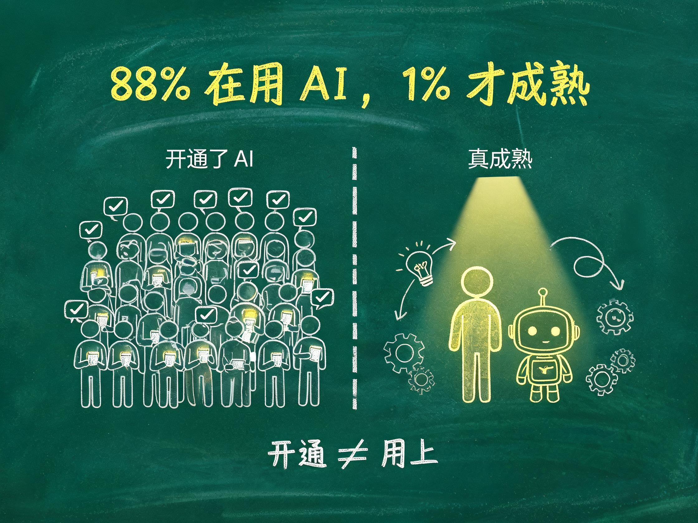 黑板粉笔风格信息图:左侧一大群灰色简笔小人举着发光手机——开通了AI(88%在用),右侧一个金色小人在聚光灯下与AI机器人协作干活——真成熟(1%),底部粉笔公式:开通≠用上